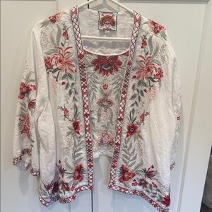 Johnny Was Linen Kimono with Red Floral Embroidery